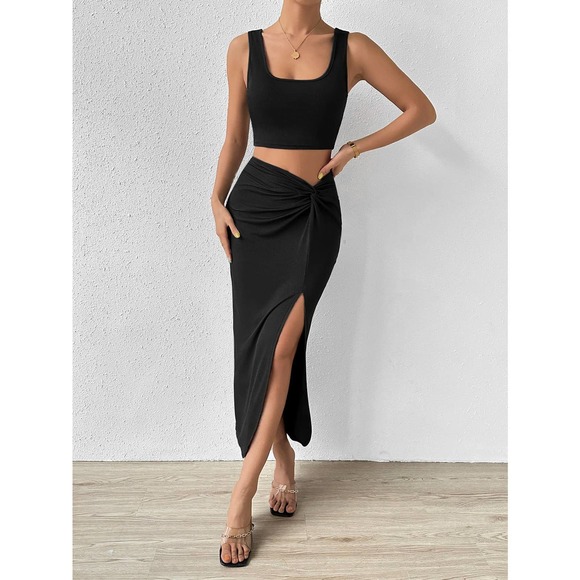 Dresses & Skirts - two piece set: Tank Top & Twist Front Split Thigh midi Skirt black